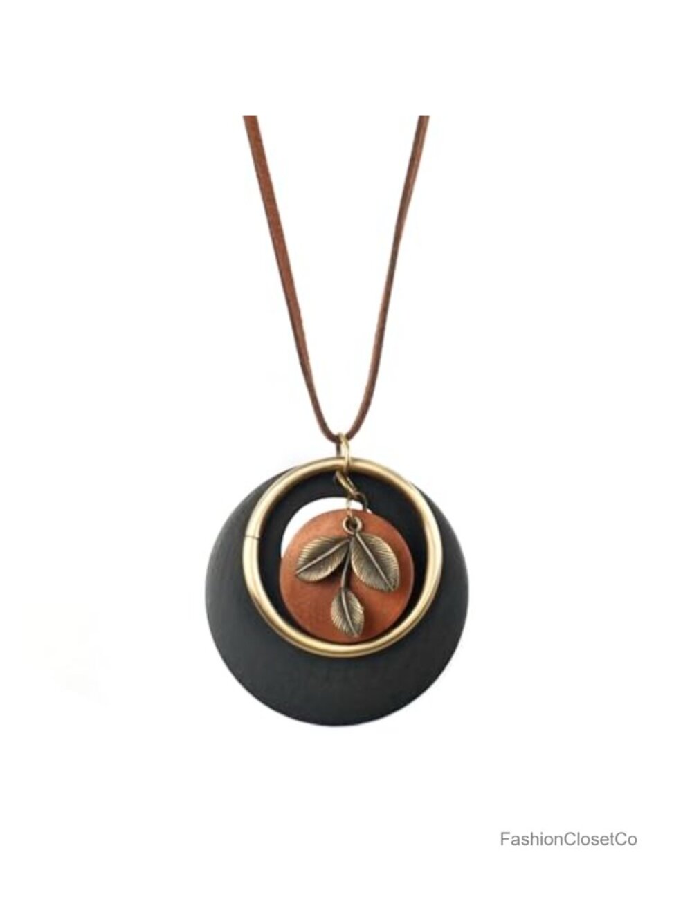 Handmade Leather Cord Wooden Leaf Boho Long Necklace Women's Jewelry